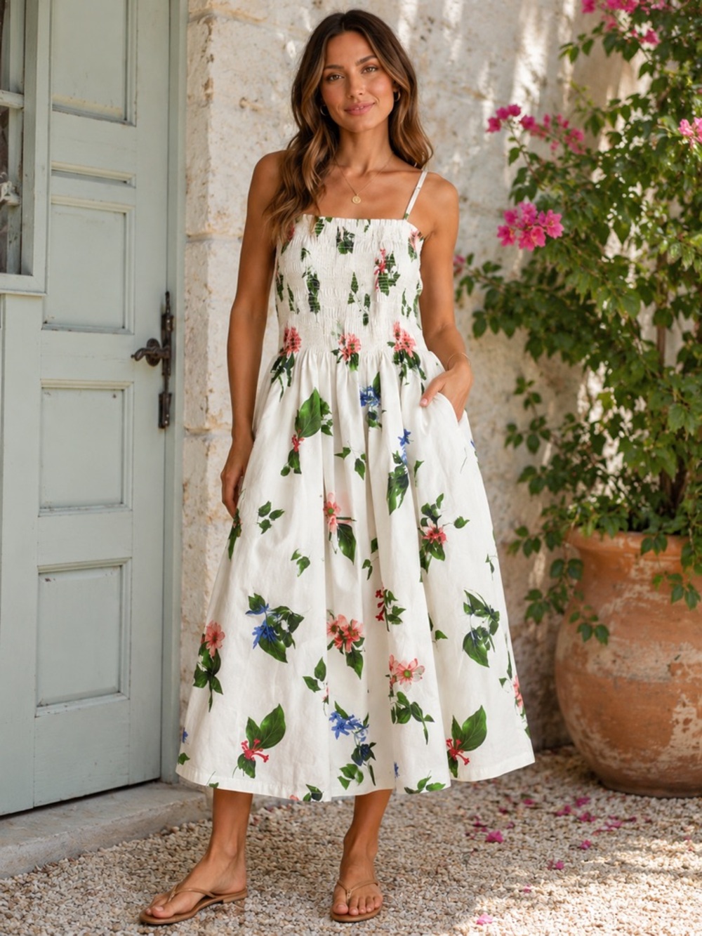 SCOO Floral Smocked Midi Dress Women’s Large White 100% Cotton Cottagecore